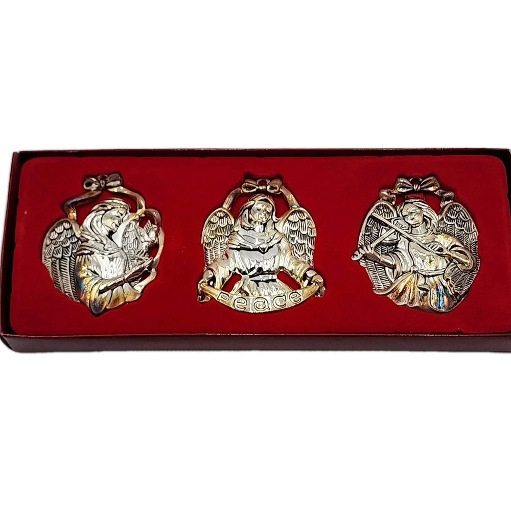 Gorham Silverplated Angel Ornament‎ Set Peace Harp Violin Christmas Set of 3